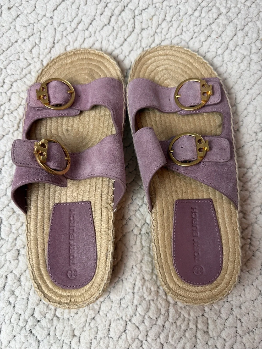 Tory Burch Lavender Suede Double-Buckle Slide Sandals